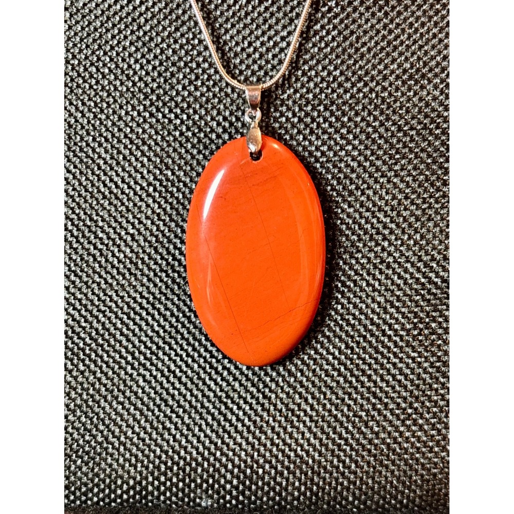 Red Jasper Oval Stone Pendant Necklace Silver Tone Stainless Steel Snake Chain